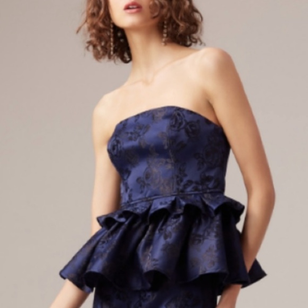 C/MEO Collective Levity Strapless Peplum Dark Floral Jacquard Top Blue/Black XS